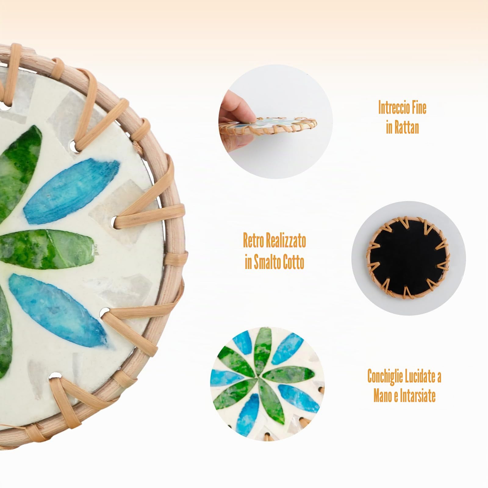Set di 6 sottobicchieri, Boho Sottobicchieri unici in rattan e madreperla per il tavolino da caffè. Decorazione murale estetica artigianale, regalo di inaugurazione per la nuova casa