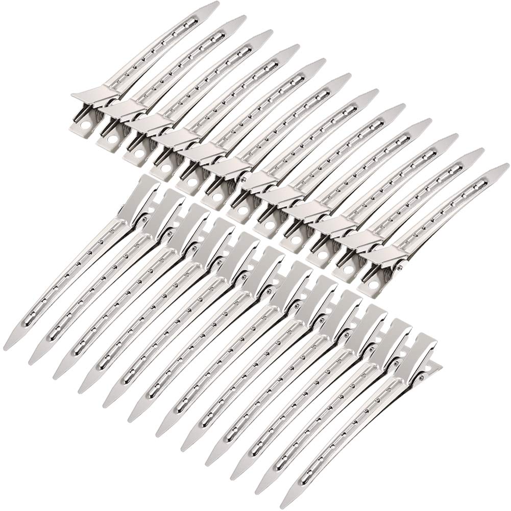 24 Pcs Duck Teeth Bows Hair Clips Metal Hair Pins 3.5 Inches Duck Bill Hair Clips Alligator Curl Clips Sectioning Clips Hairdressing Salon Hair Grip DIY Accessorie Hairpin with Travel Case (Silver 24)