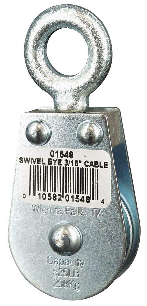 Designed fit Wire Rope,Pulley Block, 3/16 in Max. Cable Size 1 1/2 in Sheave Outside Dia.-2040002059