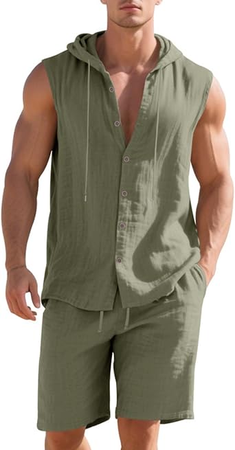 Men Linen Sets Outfits Sleeveless Hoodies 2 Piece Short Set Summer Beach Tank T Shirts Solid Gym Workout Running Sets