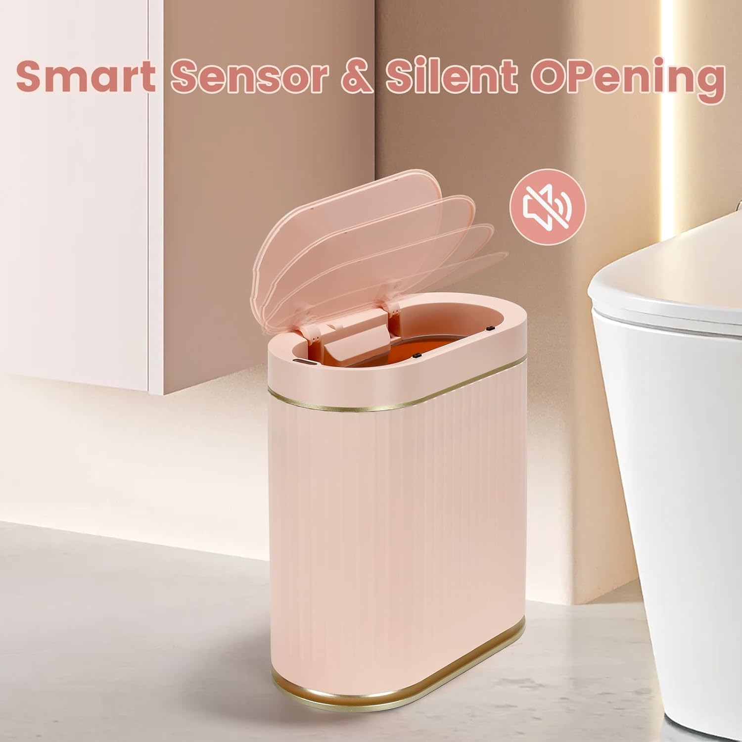 ELPHECO Bathroom Trash Can 2 Gallon Plastic Smart Garbage Can Waterproof Wastebasket Bathroom Decor Narrow Garbage Bin with Automatic lid for Bedroom, Kitchen (Pink Gold)