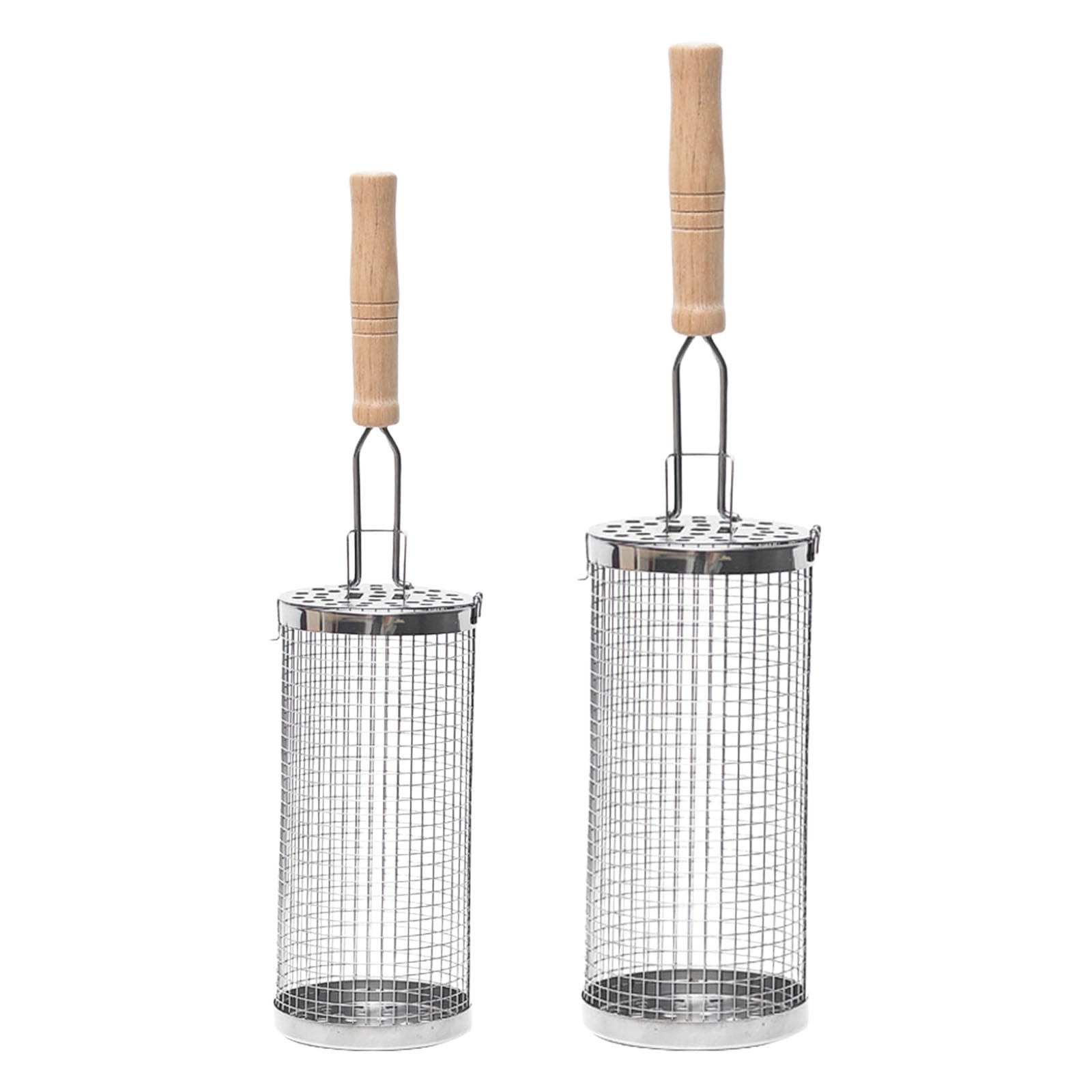 Hredyqw Stainless Steel Rotating Grills Cage With Wooden Handle For Even Cook BBQ Meats And Vegetables Outdoor Cooking