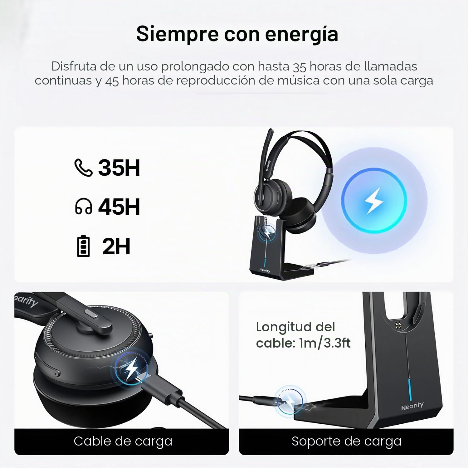 NEARITY EP320 Auriculares Inalámbricos con Micrófono para Trabajo, Bluetooth con Cancelación de Ruido, Tipo A Dongle para PC, Base de Carga & Cancelación de Ruido para Oficina/Hogar/Call Center