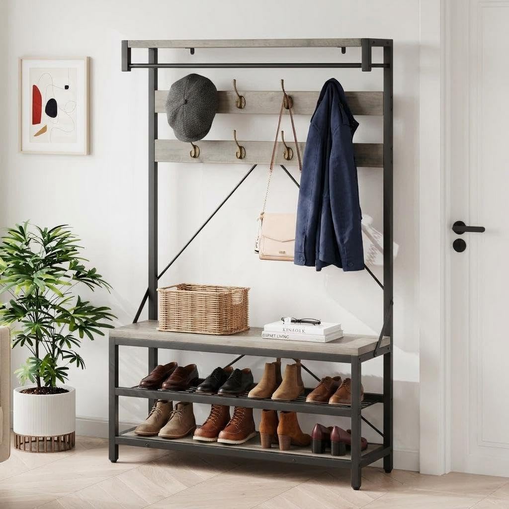 Garderobe mit Schuhbank, Flurgarderobe Industriedesign, 101x40x183 cm