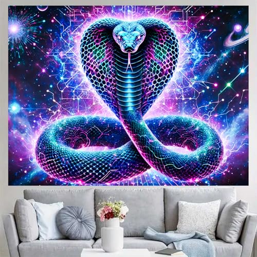 Image of BlissYard Blacklight Tapestry Cobra Snake Decor 78x59 Inch Neon Glow in Dark Backdrop Blacklight Tapestry Psychedelic Galaxy Reptile Scene for Bedroom Wall Hanging Party Room Cosmic Jungle Art