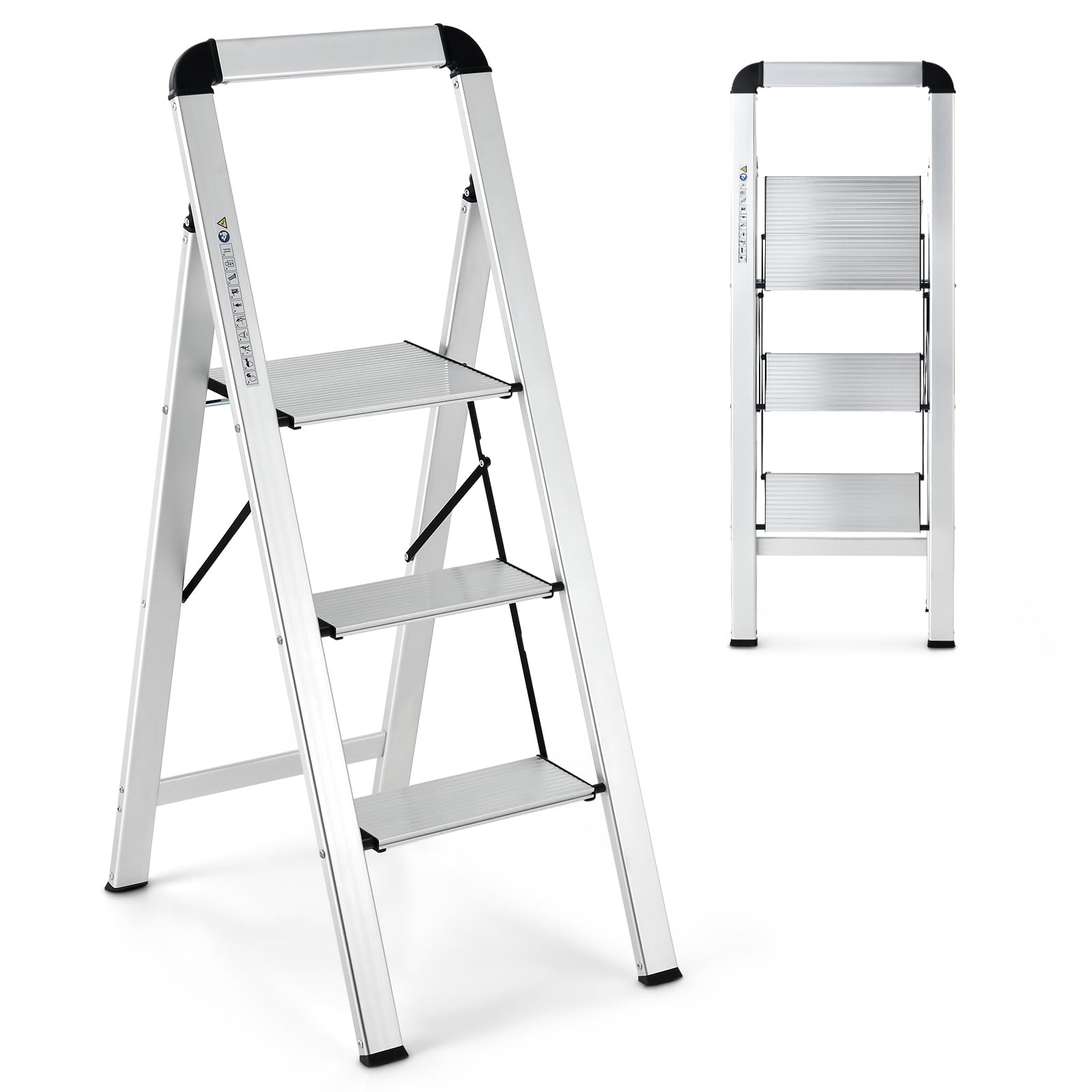 GYMAX Escabeau 3 Marches Pliable, Charge 150 kg, Marchepied en Aluminium, avec Pédale Large & Pieds Antidérapants, Portable & Léger, pour Maison, Bureau, Garage