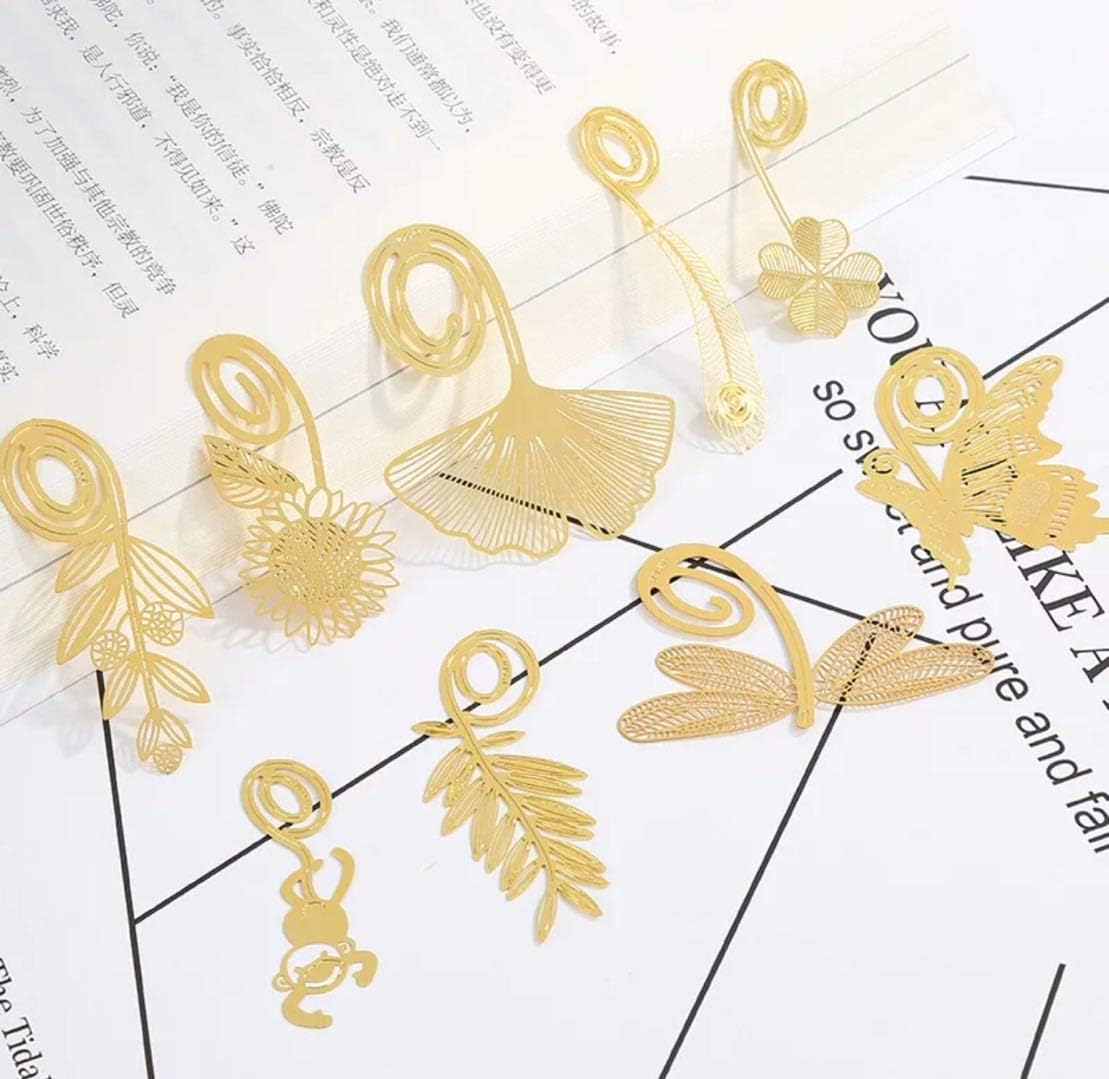 LAVZAN Golden Metal Bookmark Clips Creative and Classic Copper Book Accessory(Set of 9) Butterfly,Sunflower,Ginkgo Biloba,Dragonfly,Olive Branch,Monkey,Peacock Feathe