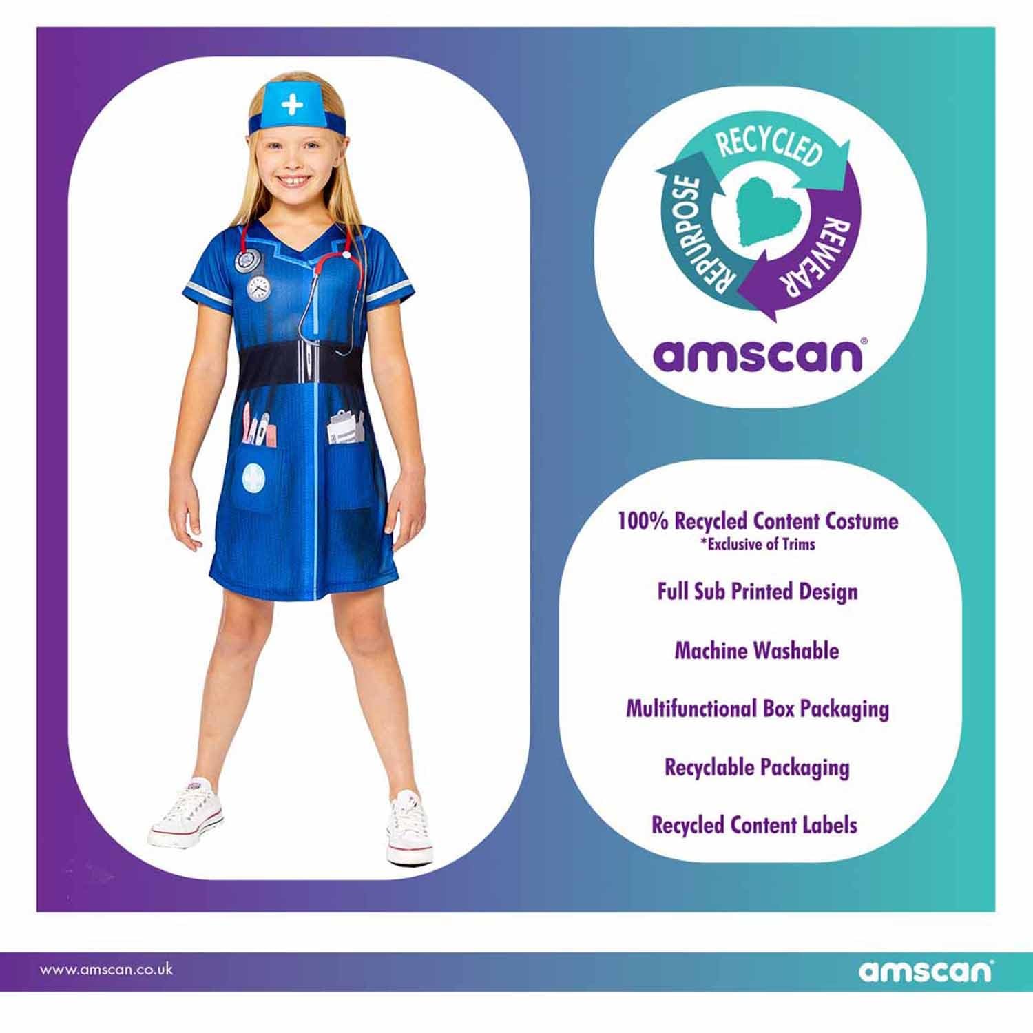 (PKT) (Fix 1/1) (9910159) Child Girls Sustainable Nurse Costume (2-3yr), Blue, 2-3 Years - Image 2