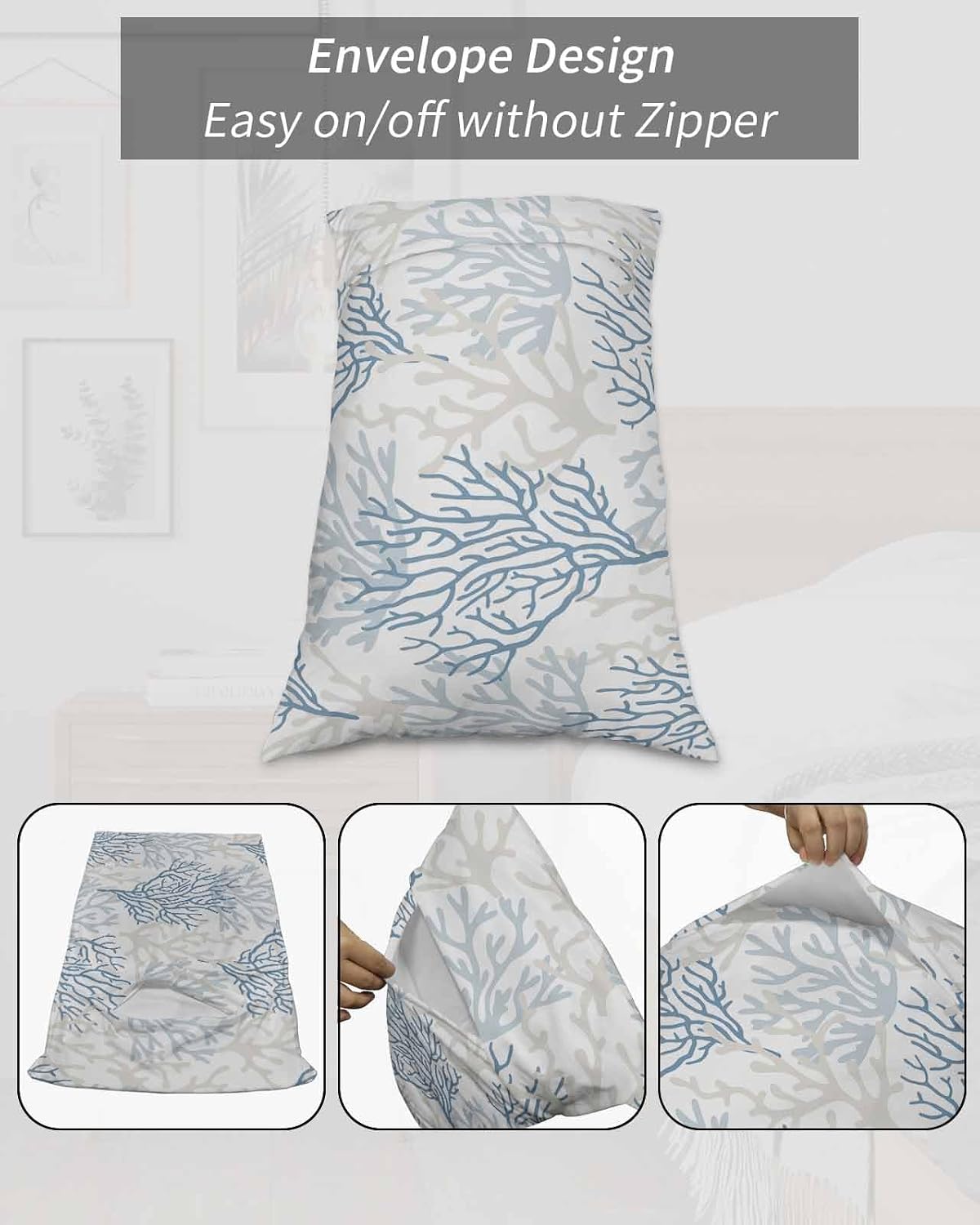 Grey Blue Coastal King Pillow Cases Set of 2, Soft Breathable Pillow Covers with Envelope Closure Decorative Pillow Shams for Bed Sofa Couch Chair 2PCS 20"x36" Gray Summer Ocean Life