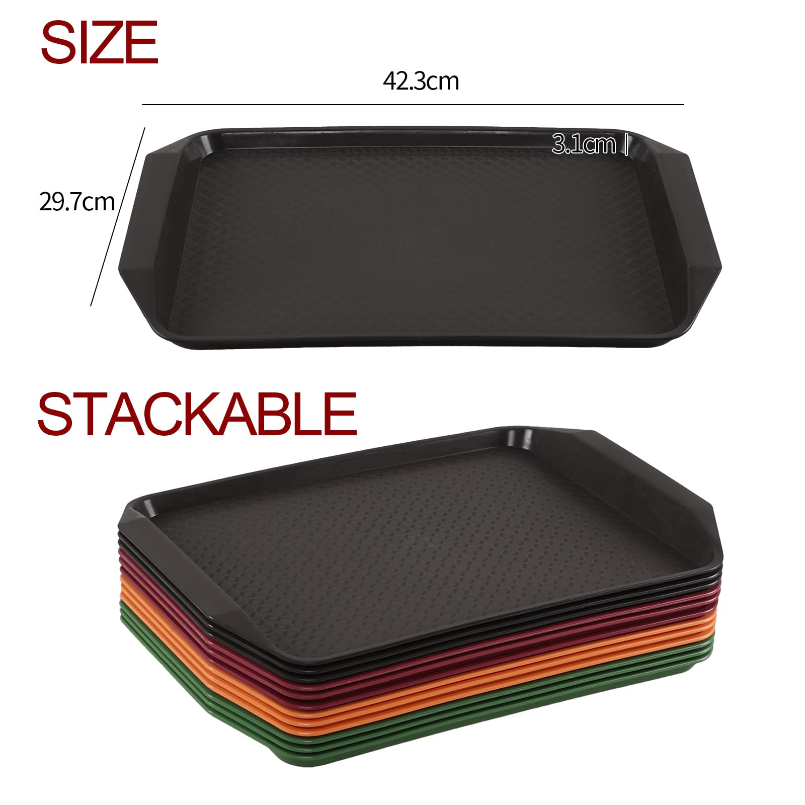 Plateau rectangulaire en plastique coloré, plateau de service rapide avec poignées, 12 pièces