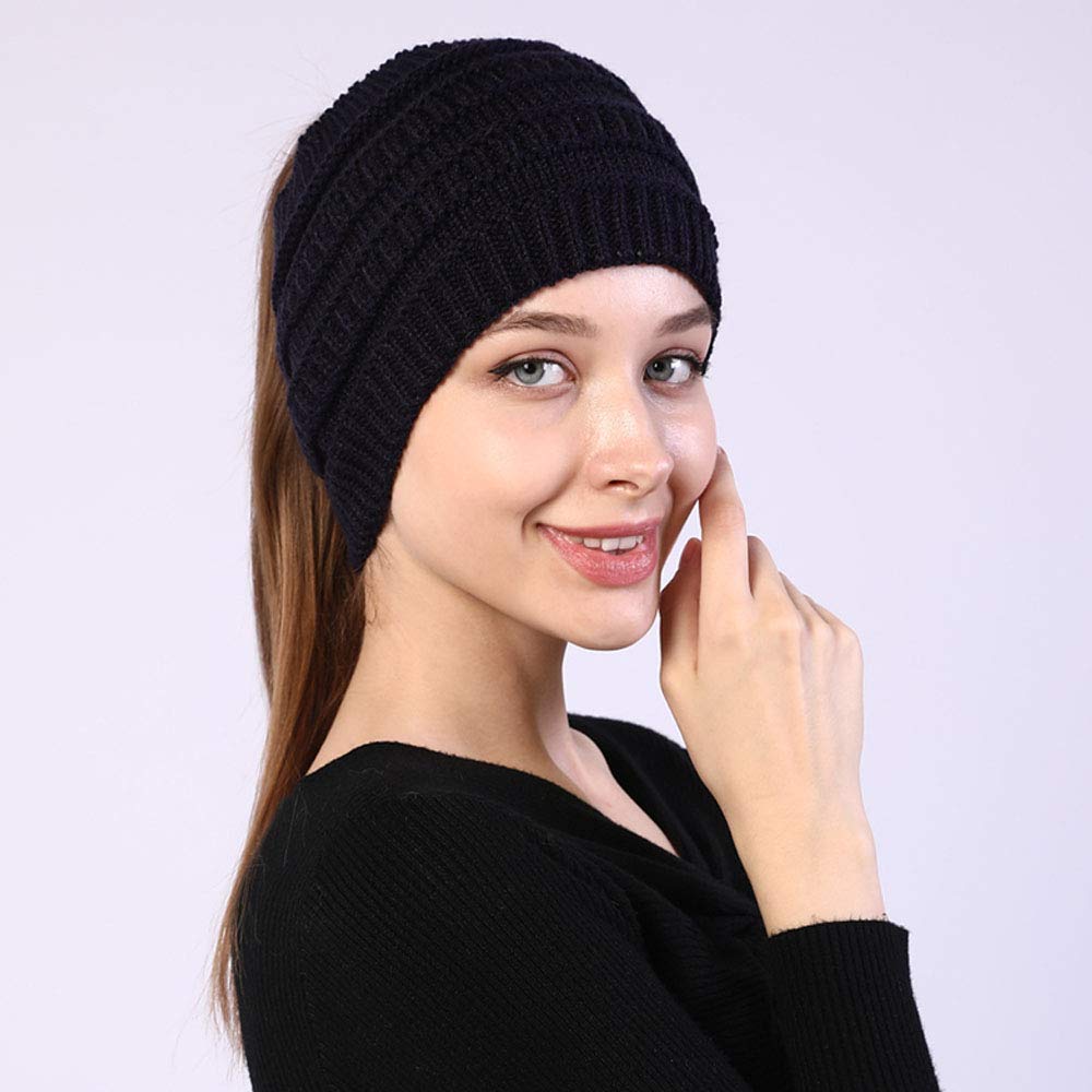 Kangqifen 3 Pack Women Knitted Ear Warmer Headband Soft Stretch Crochet Head Wraps Winter Ponytail Beanie Hat B-R-K