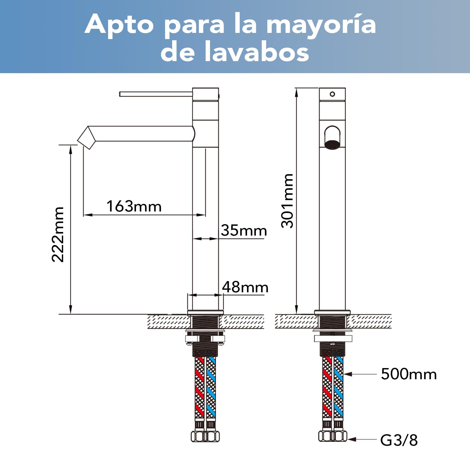 Grifo de Lavabo Elevado, Grifo de Baño 222 MM, con Aireador Extraíble y Cartucho Cerámico, Giro de 360°, Mezclador de un Solo Mango para el Lavabo del Baño, para Lavabos Elevados de Baño, Negro