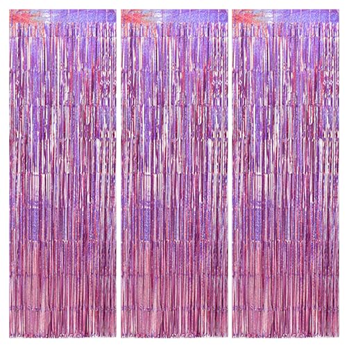 Image of TONIFUL 3Pcs Laser Light Pink Door Streamers,Laser Pink Photo Booth Backdrop Metallic Streamers Pink Foil Fringe Curtains for Birthday,Christmas,New Year,Bachelorette,Grad Party(9.9ft x 6.6ft)