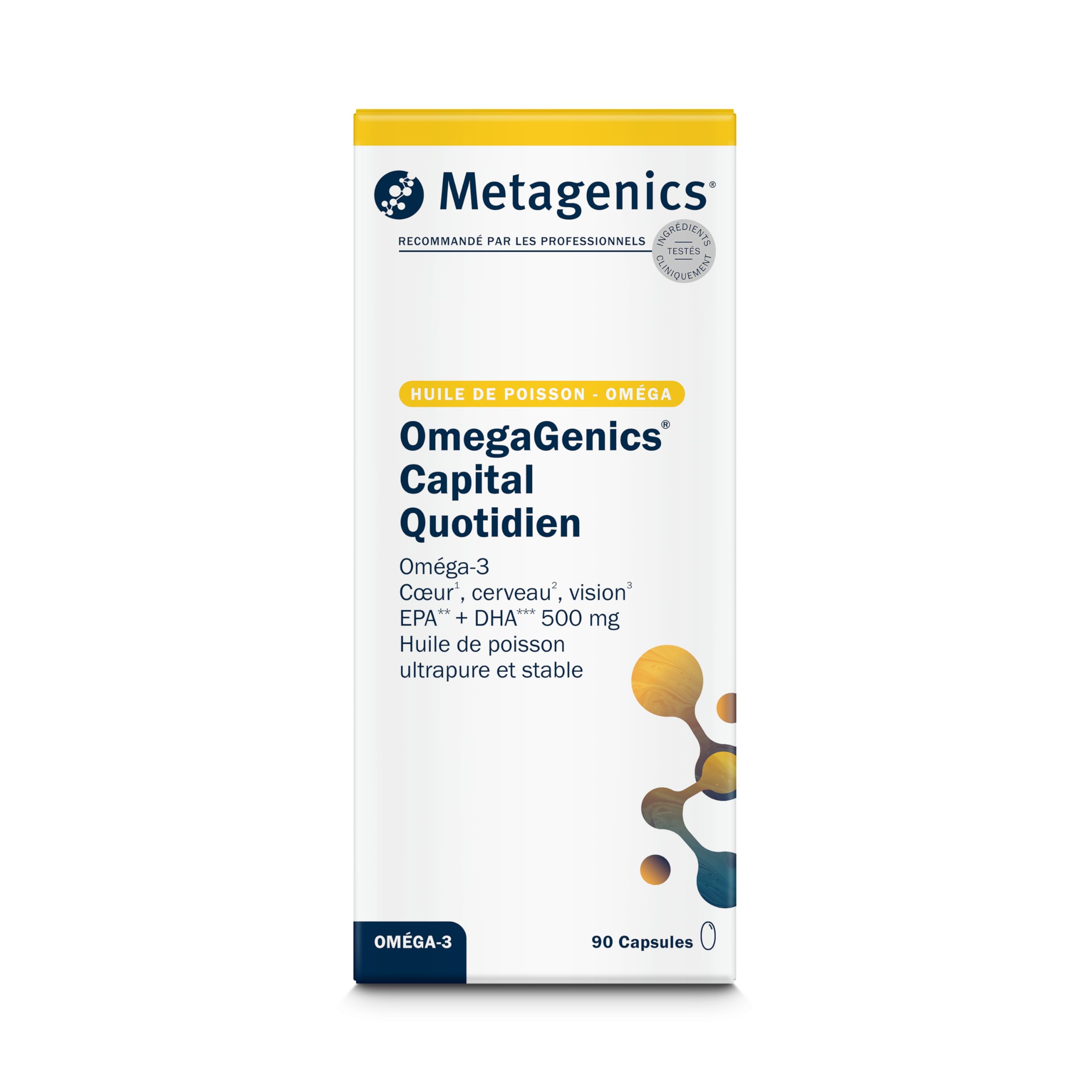 Metagenics OmegaGenics Capital Quotidien, Oméga 3 EPA DHA, 90 Gélules | Les oméga-3 EPA et DHA contribuent à une fonction cardiaque normale. Le DHA contribue au fonctionnement normal du cerveau.