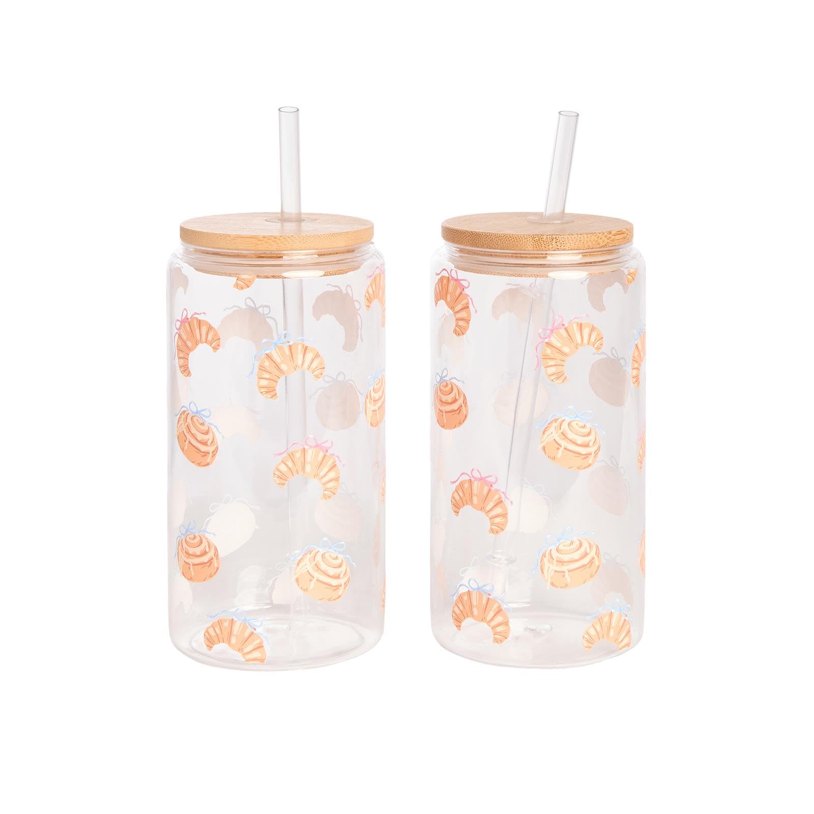 OHS Plastic Glass Tumblers Croissant Glass Cups with Lids and Straws 2 Pack
