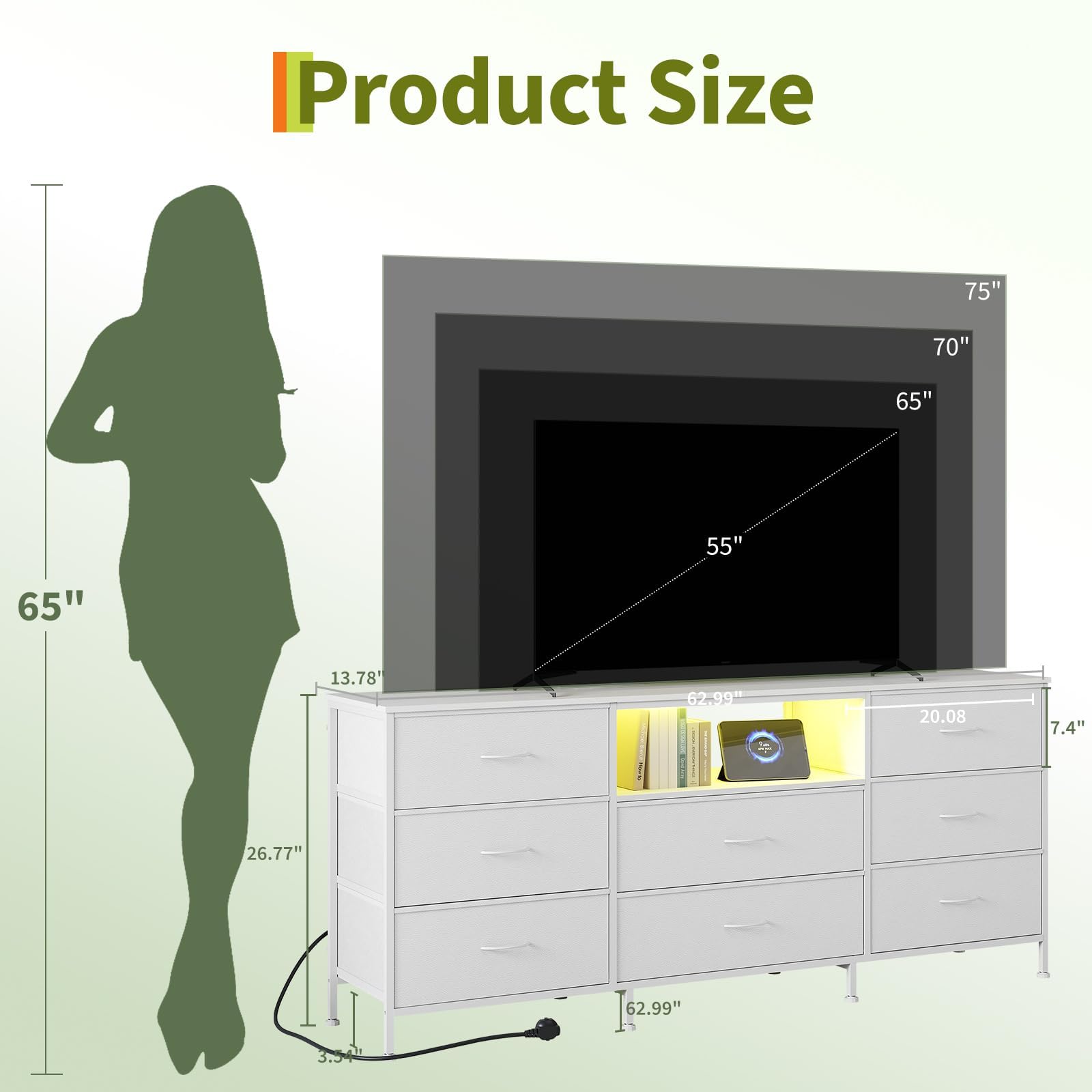 Garvee Modernes LED TV Sideboard mit 8 Schubladen – Stabiler Stahlrahmen & Spanplatte – Viel Stauraum – Für Wohnzimmer & Schlafzimmer – Weiß – Maße: 160x35x68cm – Kontinent