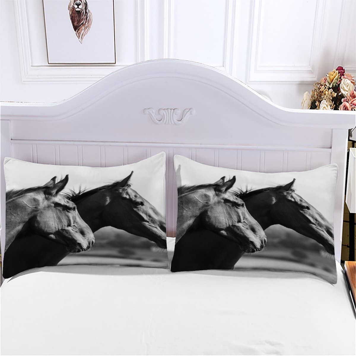 Set con copripiumino per letto matrimoniale, con 2 federe, motivo: cavallo 3D, colore grigio, per ragazzi e ragazze, colore bianco e grigio
