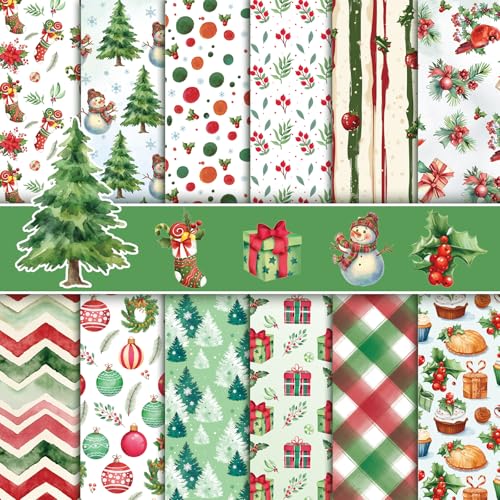 Konsait 24 Sheets Christmas Scrapbook Paper 12x12 Double Sided Watercolor Christmas Pattern Paper Xmas Decorative Papers Xmas Cardstock Pad Origami Papers for Card Making Scrapbook Supplies