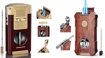 5-in-1 Torch Lighter with Cutter, Holder, Punch, Draw Enhancer Tool, Double Jet Flame, Windproof Rechargeable Lighters, Versatile Gifts for Men, Refillable Butane Lighter for Candles, Travel