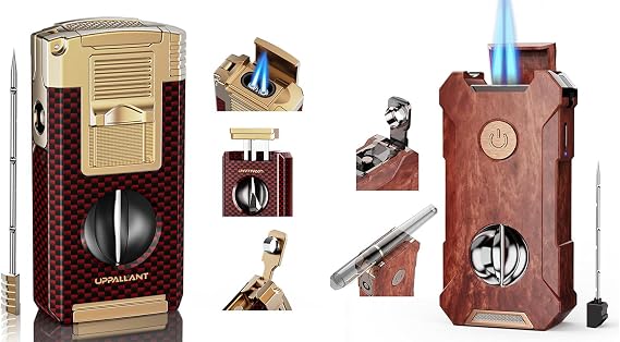 5-in-1 Torch Lighter with Cutter, Holder, Punch, Draw Enhancer Tool, Double Jet Flame, Windproof Rechargeable Lighters, Versatile Gifts for Men, Refillable Butane Lighter for Candles, Travel