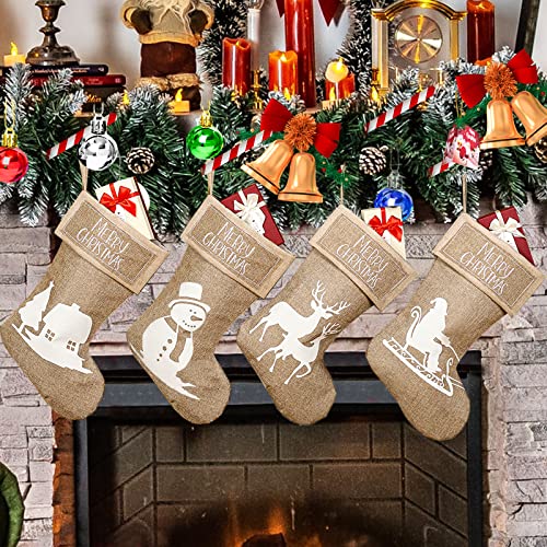 Christmas Stockings, 4 Pack Burlap Xmas Stockings with Santa, Snowman, Reindeer and Tree, Large Size Xmas Fireplace Hanging Stockings Gift Bag for Family Holiday Christmas (Reindeer Pattern)