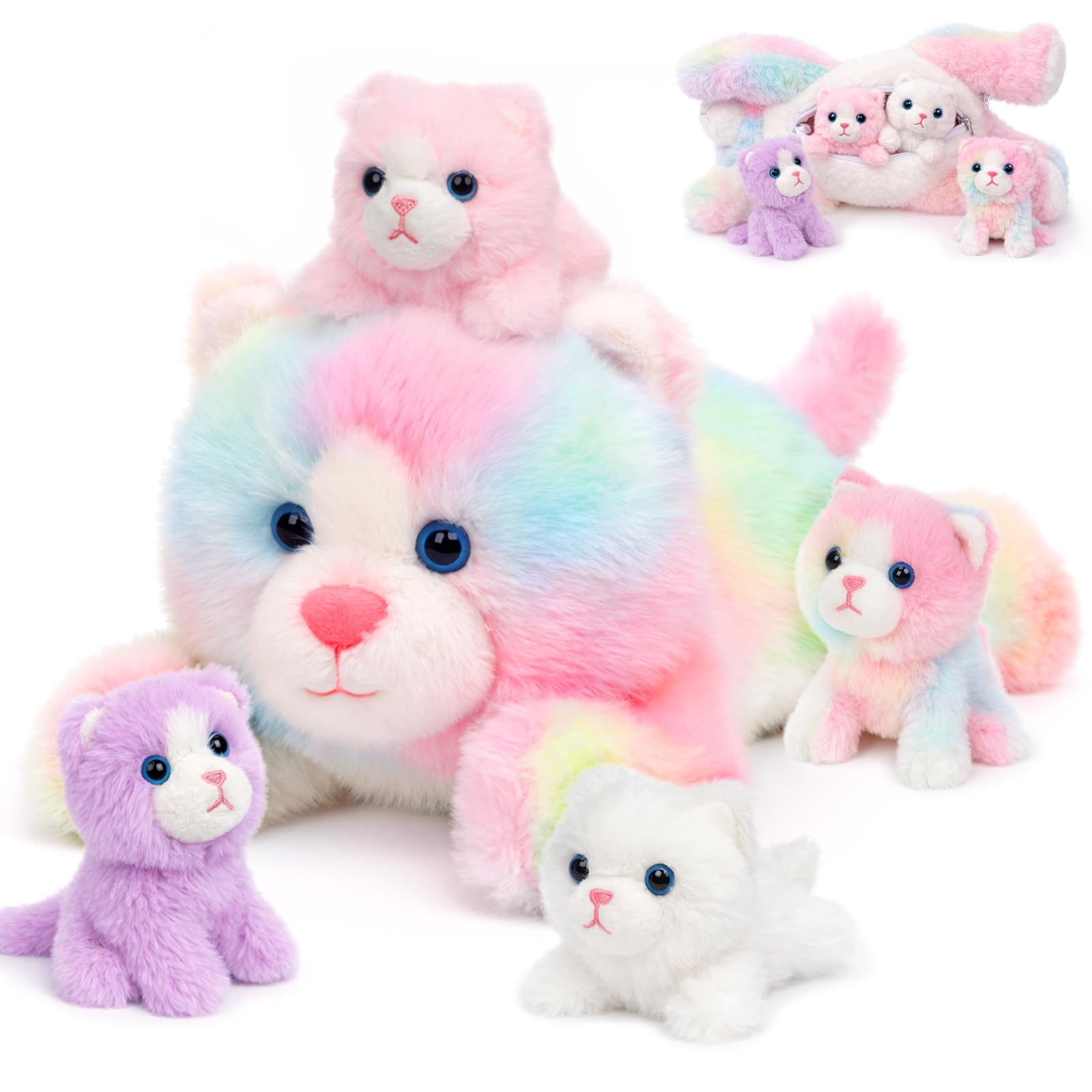 Easfan Peluche de gato arcoíris con 4 gatos bebés en el interior, peluche realista para bebés, niños, niños pequeños y niños, 16 pulgadas