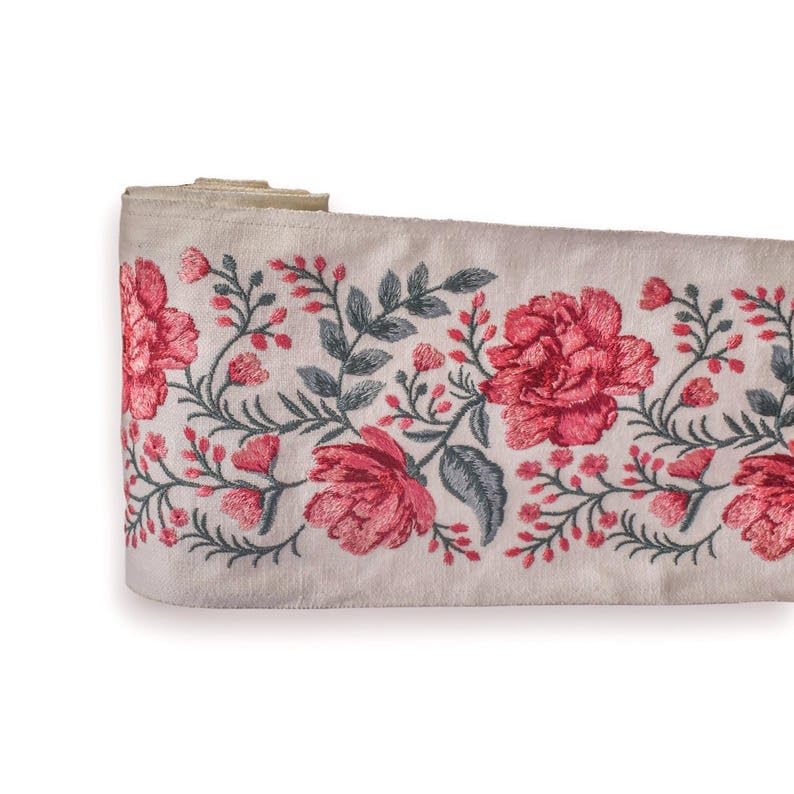 Fabric Mart Direct Ivory & Fuchsia Pink Floral Peony Vine Haftowana ozdobna wstążka z tkaniny na metry, botaniczna taśma obramowująca zasłony, koronka tapicerska na obrus, 5,50 cala (139 mm)