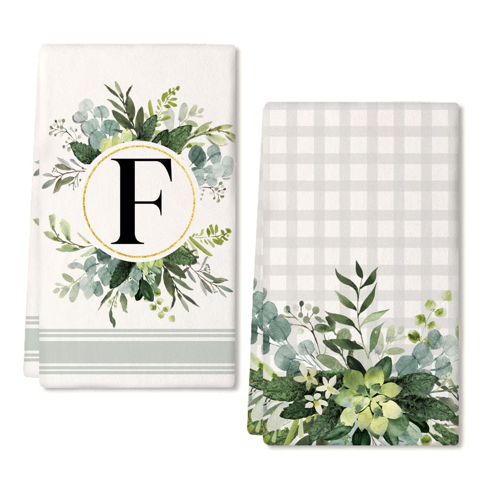GEEORY Monogram Letter F Kitchen Towels for Home Decor Eucalyptus Leaves Family Last Name Initial Dish Towels 18x26 Inch Ultra Absorbent Bar Drying Cloth Hand Towel Bathroom Decorations Set of 2