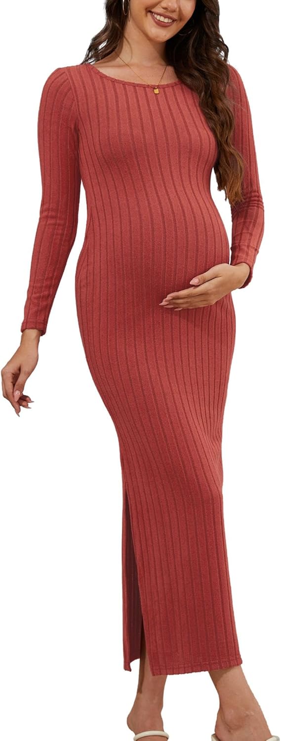 Women's Maternity Sweater Dress Ribbed Knit Long Sleeve Maxi Bodycon Dress Pregnancy Outfits