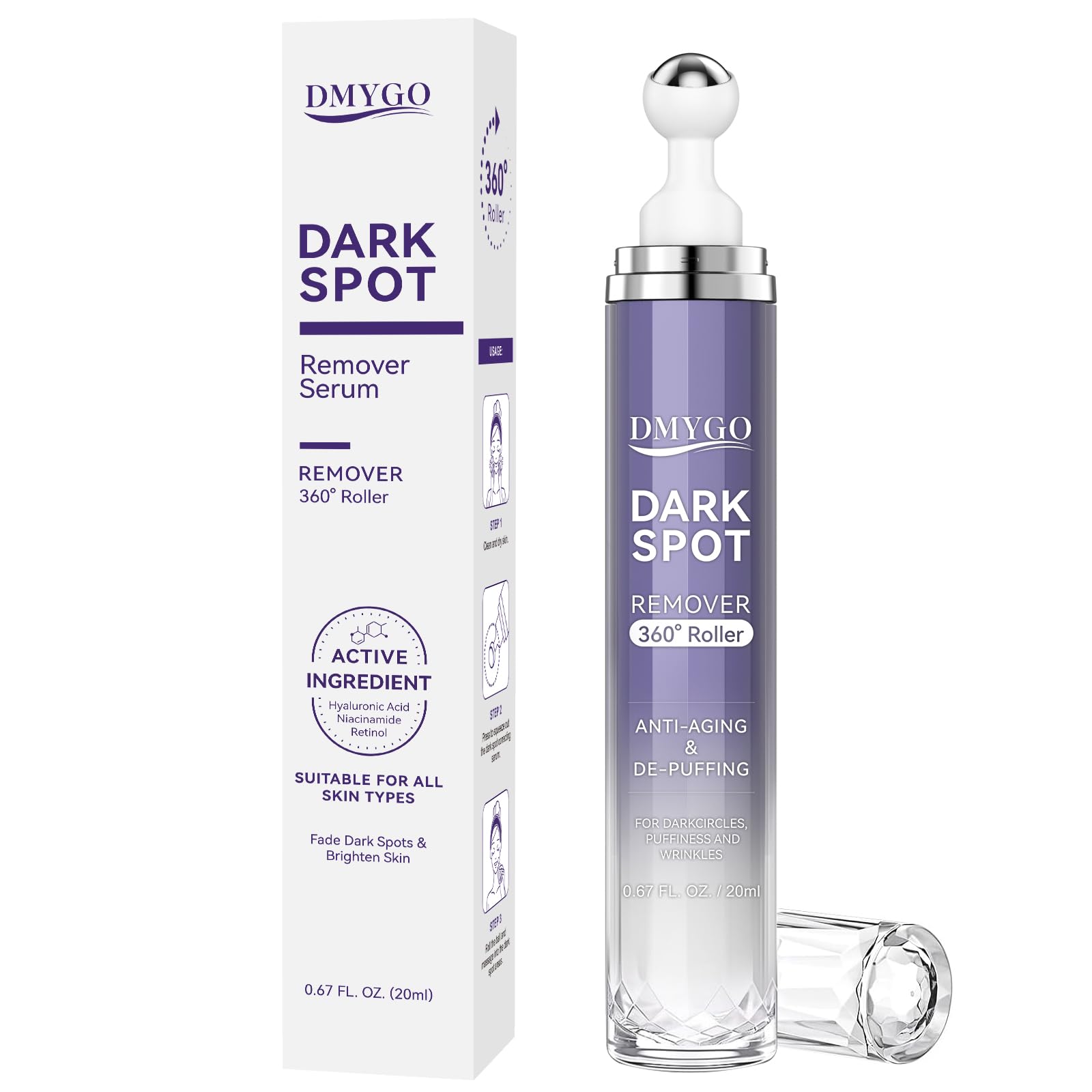 Dark Spot Remover for Face Body and Hands, Dark Spot Correcting Glow Serum for Melasma Age Spot Sun Spot, Brown Spot Corrector with 360° Roller - 20ml