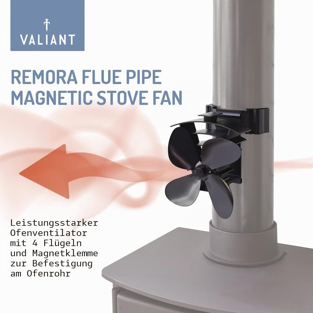 Valiant Remora Ofenventilator mit magnetischem Rauchrohr, wärmebetrieben (FIR350), Schwarz, 200 mm