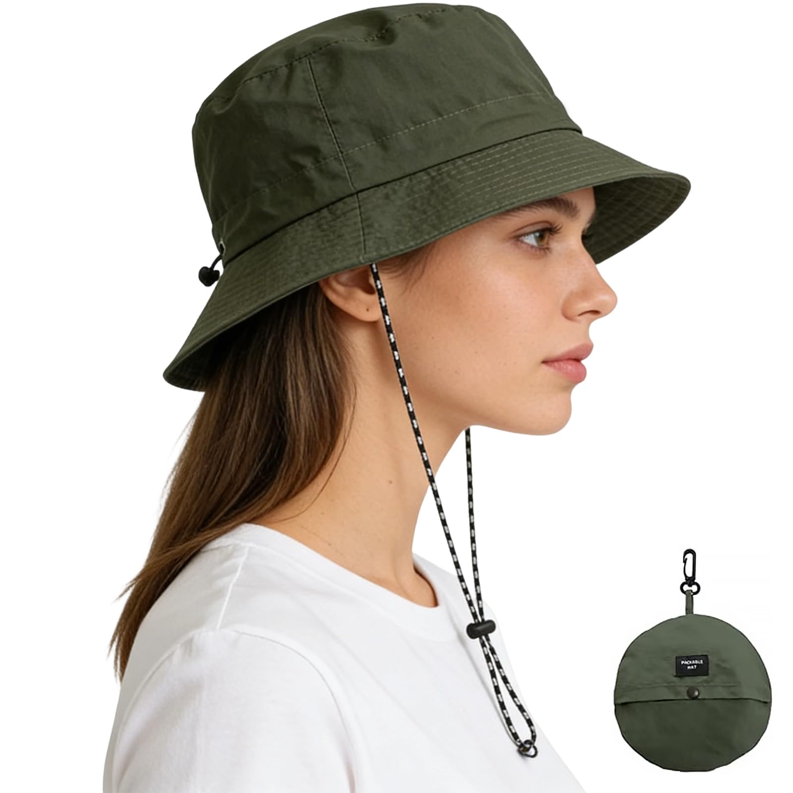 Vzrjq Unisex Army Green Waterproof Bucket Hat, Foldable Quick Dry Sun Cap With Chin Strap, Packable Wide Brim Fisherman Headwear For Fishing Hiking Travel