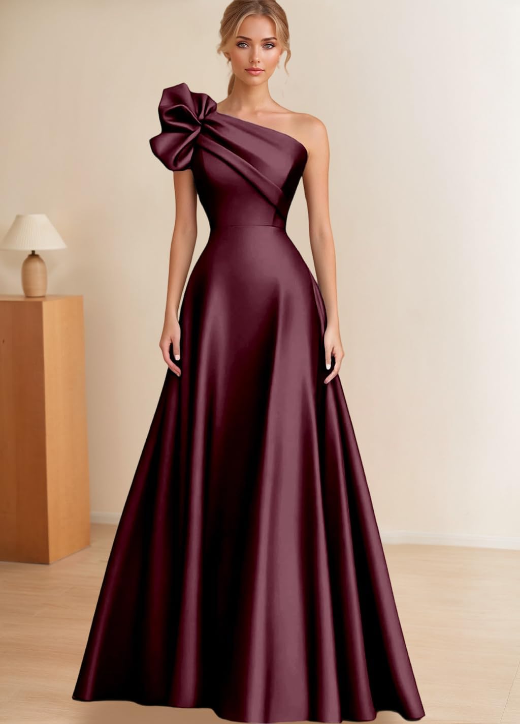One Shoulder Ruffles Satin Mother of the Bride Dresses for Women Wedding Guest Floor Length A Line Corset Evening Gowns