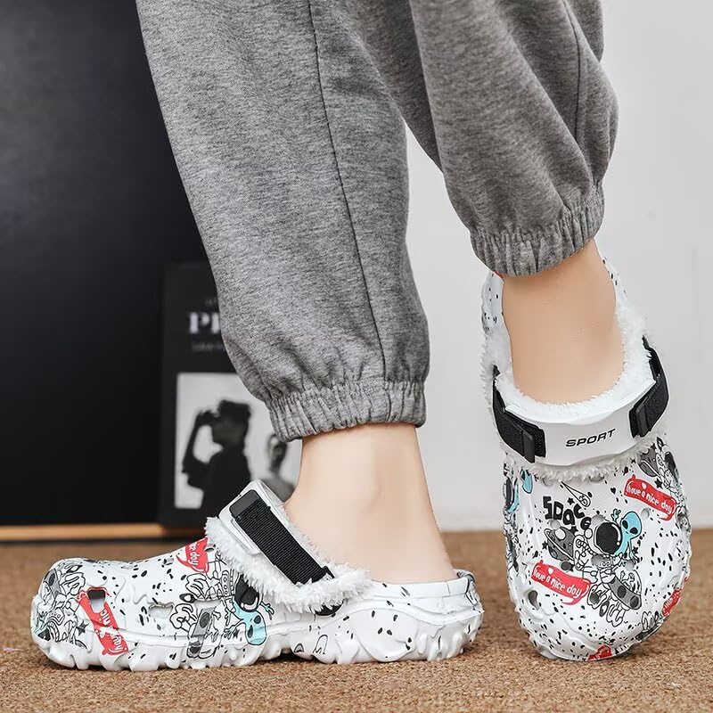 Image of Men's Printed Fuzzy Lined Clogs Winter Slip On Shoes | Warm Plush Lined Clog Shoes with Graphic Design, Lightweight Closed Toe Casual Footwear for Indoor Outdoor Wear