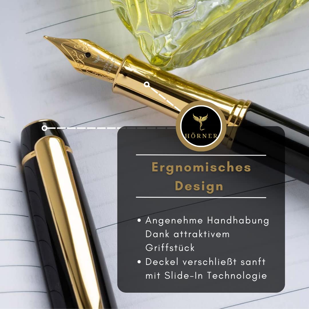 Hörner Nobilis Hochwertiger Füllfederhalter mit Gravur | Füller personalisiert | Klavierlack-Optik schwarz-gold | Messing-Korpus 34 g | Goldlegierte Stahl-Feder M | Geschenkbox