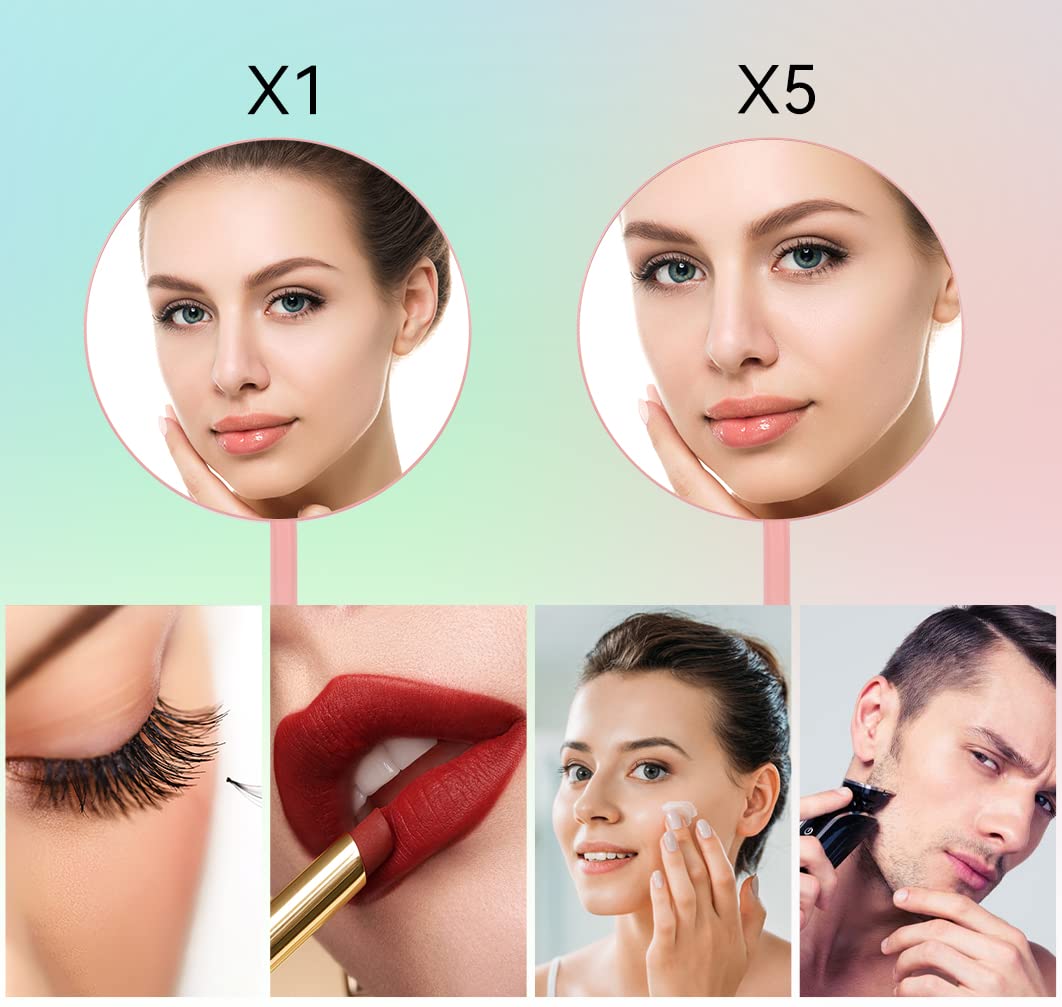 Nicesail Make-up-Spiegel Mit Ständer – 5-fach & 1-fach Vergrößerung, 16,5 Cm, Rosa, Kein Licht