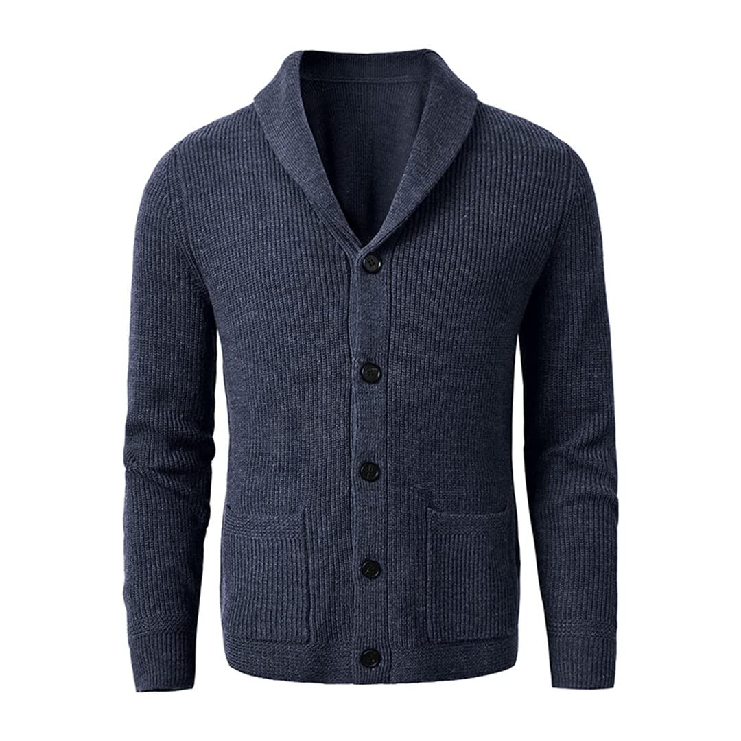 Zadaos Męski szal kołnierz kardigan sweter slim fit kabel dzianina guziki czarny sweter, granatowy, XXL