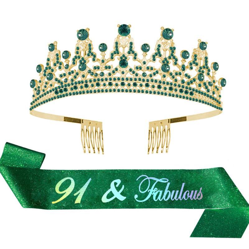ALRBE TIN Happy Birthday Sash and Tiara Kit Green Sash and Green Crystal Tiara for Party Supplies