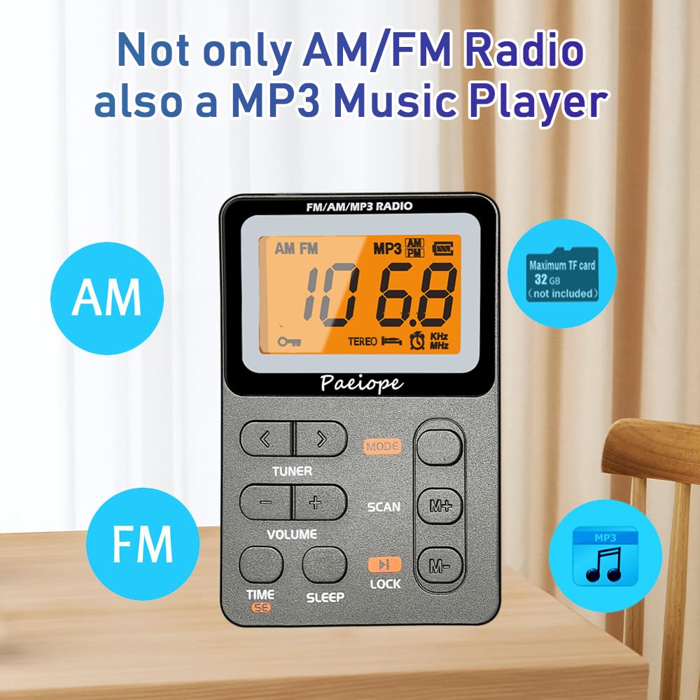 Radio portátil AM FM, radio de bolsillo recargable con la mejor recepción sintonización digital, MP3, auriculares estéreo, pantalla LCD grande, toma de tarjeta TF, radio transistor para