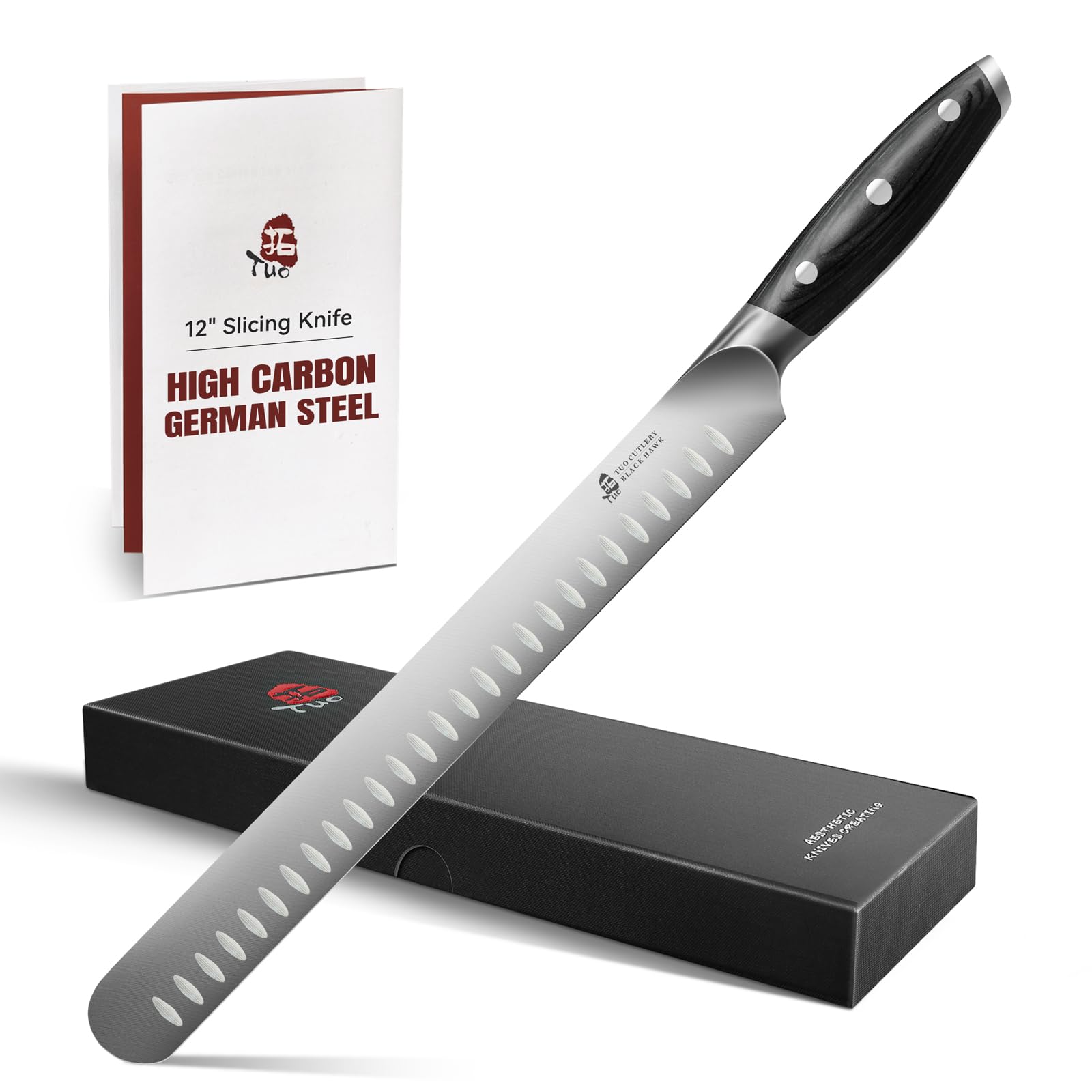 TUO Carving Knife - 12 Inch Brisket Slicing Knife for Grilled Meat and Bacon - High Carbon German Steel - Pakkawood Handle with Gift Box - BLACK HAWK SERIES — Amazon image 8