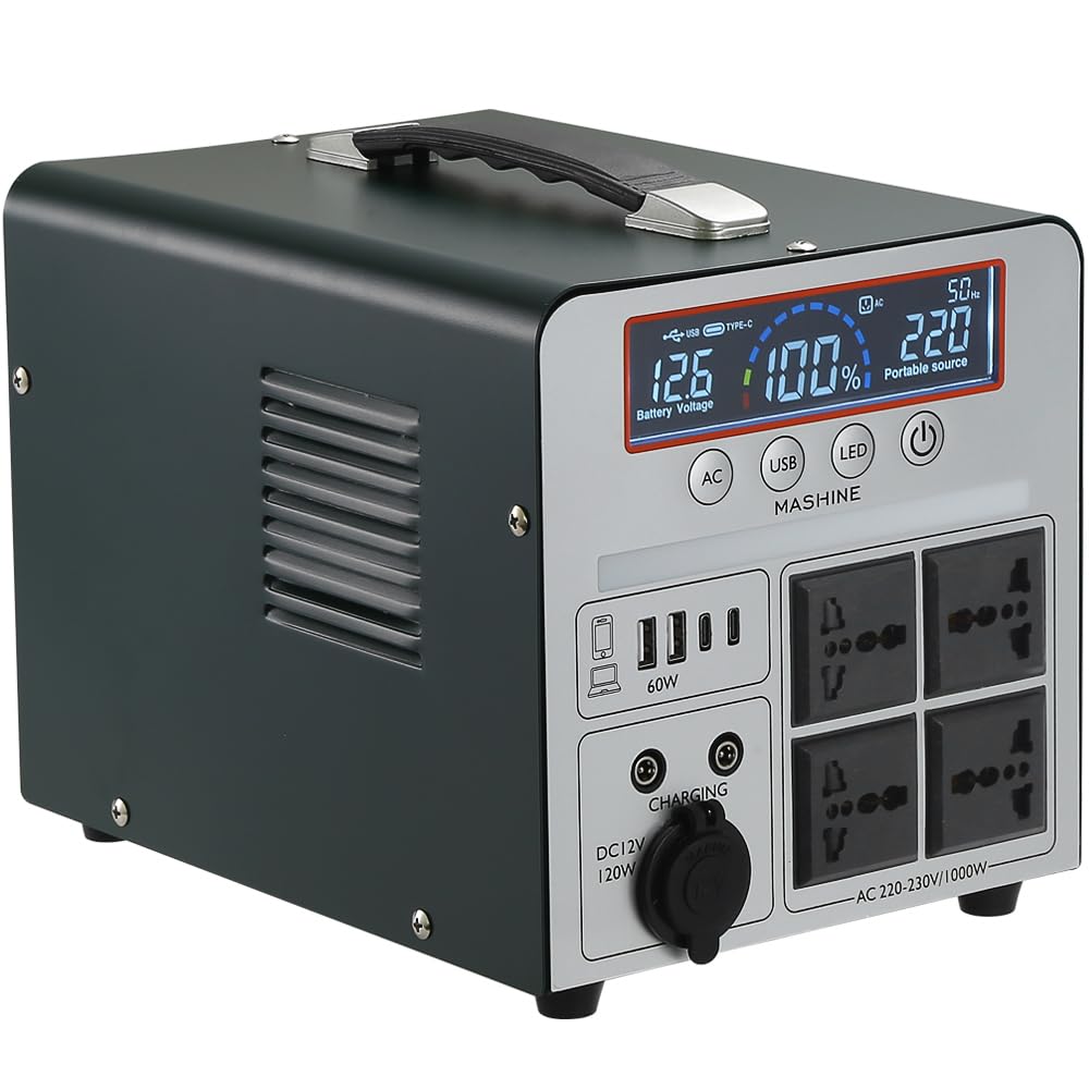 Tragbare Powerstation 1000W/666Wh, Mashine Tragbare Wiederaufladbare Generator Backup Batteriepack für Camping, Wohnmobile, Drohnen, Erste Hilfe und Außenbeleuchtung, mit 4 AC Anschlüssen