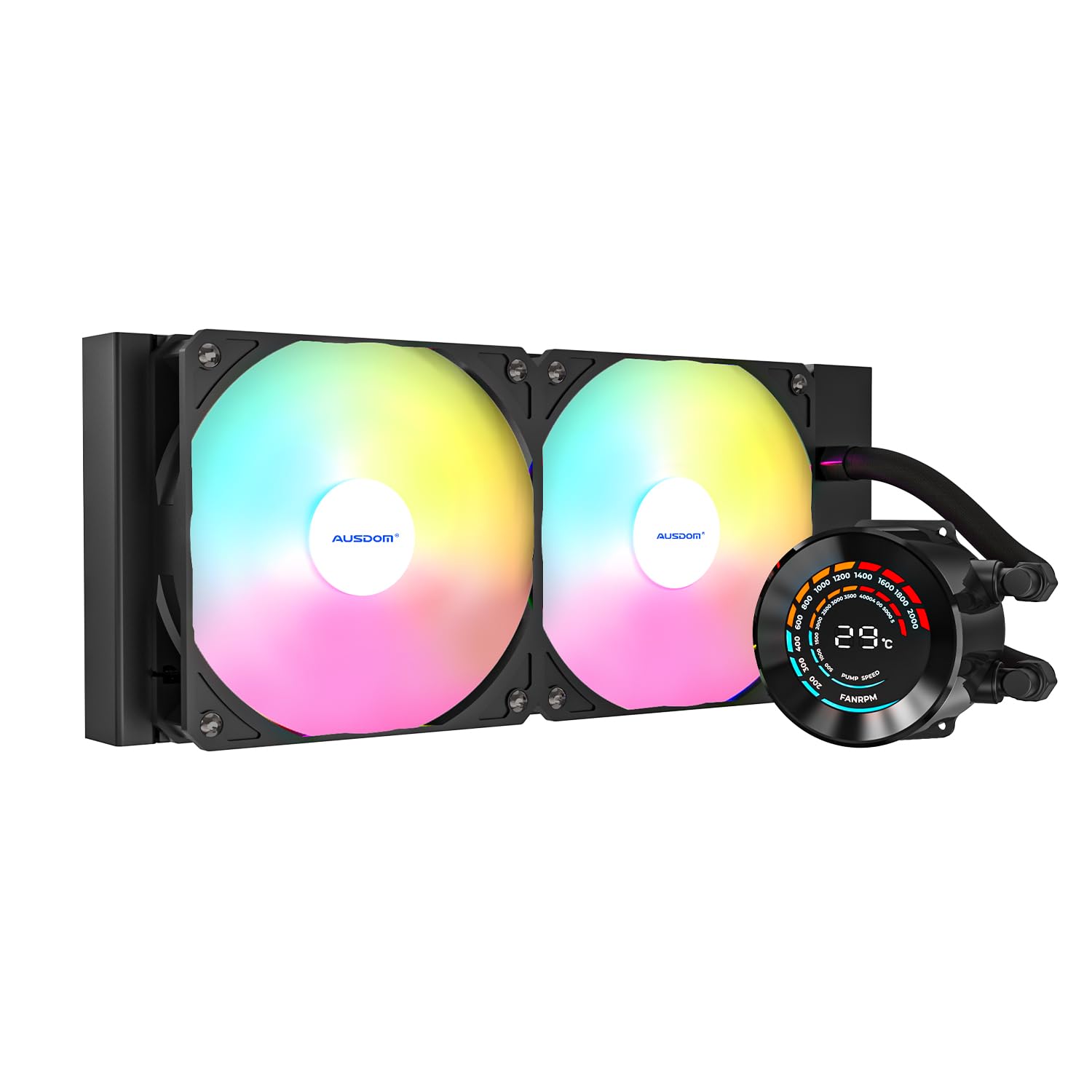 AUSDOM 240mm AIO CPU Liquid Cooler for Desketop - 2.1" LCD Display for Performance Metrics, High-Performance Pump, 2 x 120P ARGB Fans, Compatible with Intel & AMD - Black