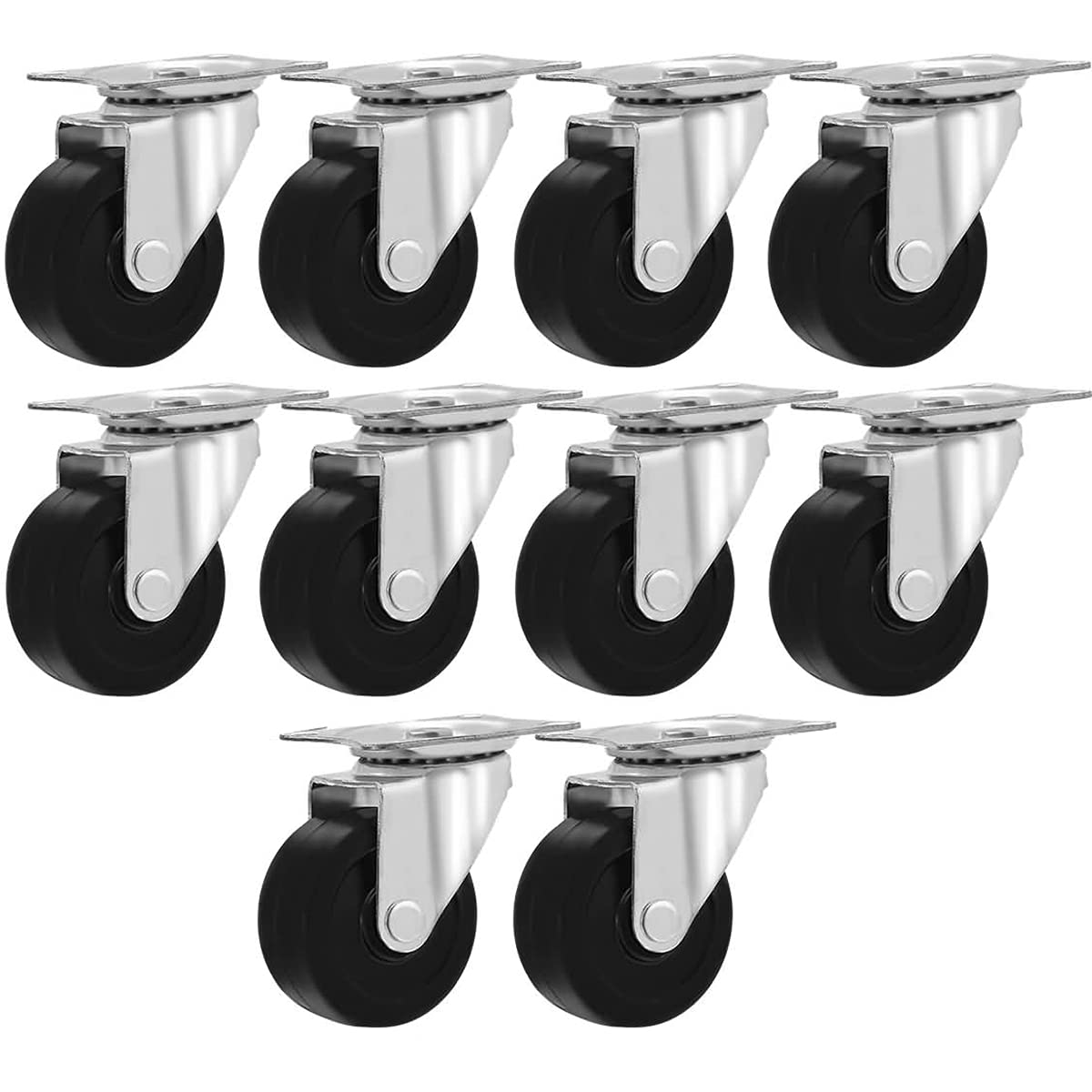 Set of 10 each 2" Low Profile High Capacity Rubber Wheel Plate Casters