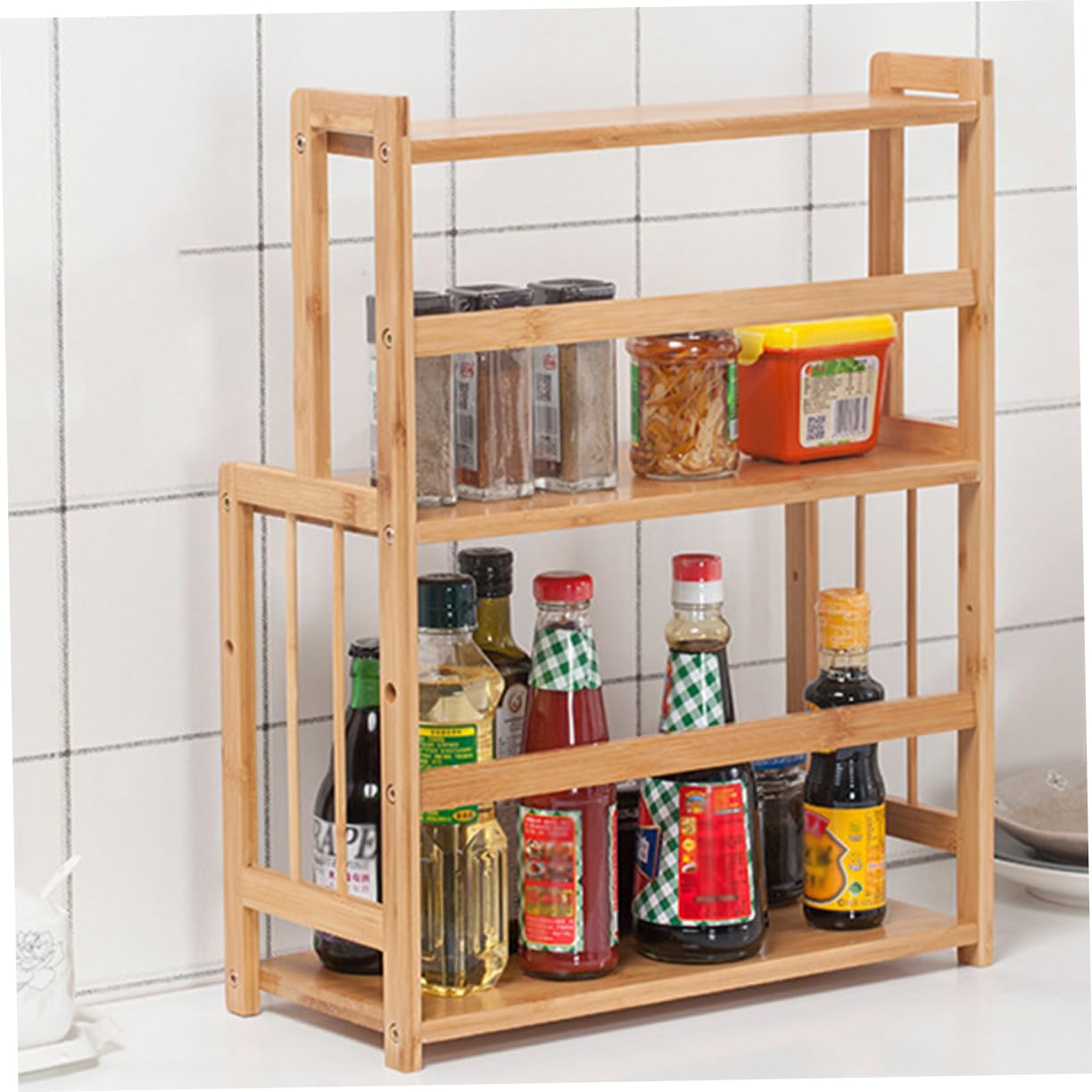 Veemoon Organisateur D'épices Cuisine 2 Niveaux en Bambou Beige | Étagère de Table, Support à Épices pour Rangement la Cuisine, Usage Partout