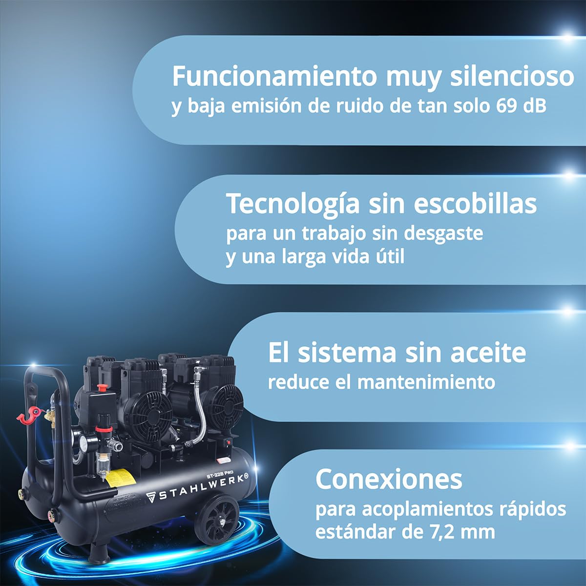 STAHLWERK Compresor con tanque de 22 L (ST-228 Pro) – sin aceite y silencioso, 8 bar, compresor de aire con motores sin escobillas, 3,54 CV, 2,6 kW, 410 l/min, compresor de pistón silencioso