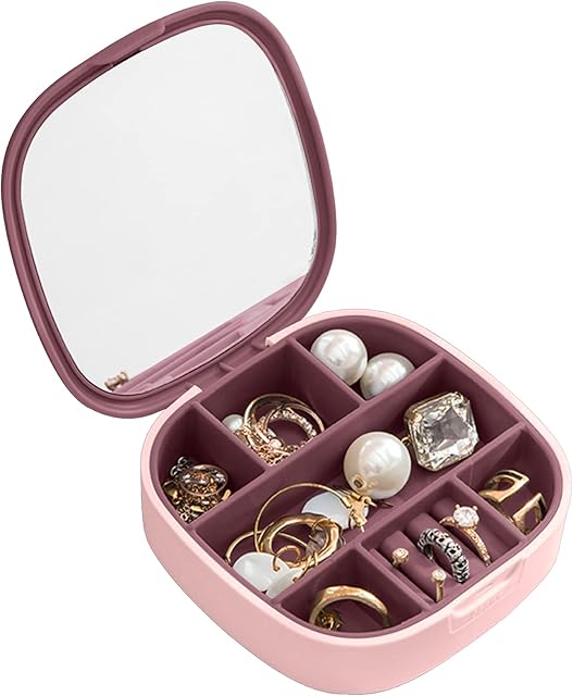 Kaket Mini Jewellery Box Organiser With Mirror, Small Jewelry Storage Case for Women Girls, Portable Jewellery Holder Travel Jewellery Organiser for Rings Earrings Necklace Bracelet (Pink)