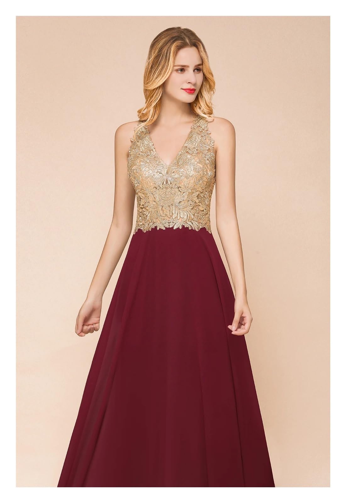 Brautjungfernkleider Goldfarbene Spitzenapplikationen in A-Linie Chiffon-Brautjungfernkleider mit V-Ausschnitt, lange, elegante Hochzeitsfeier-Abschlussballkleider Brautjungfernkleider Party Ballkleid