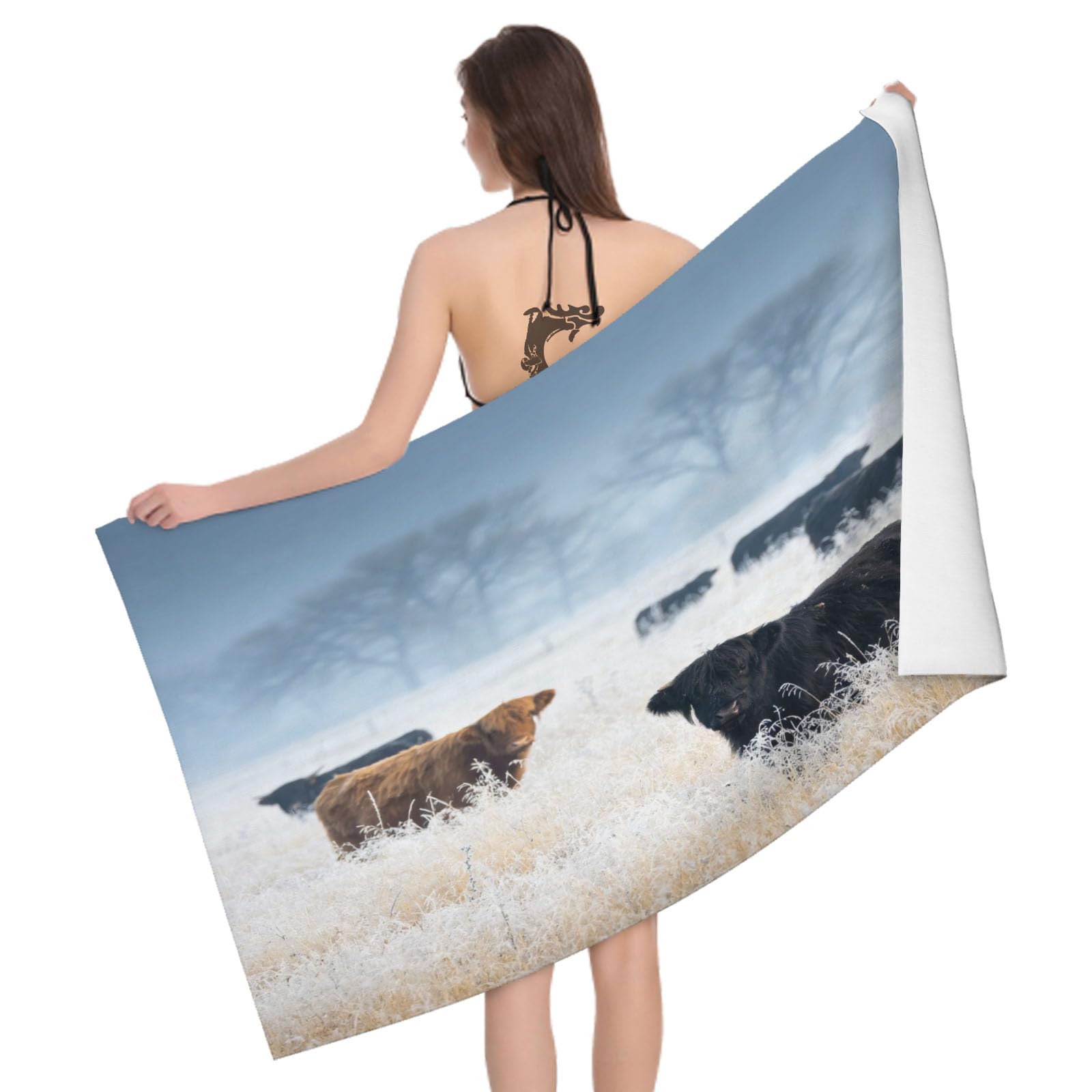 Leichong 3D Highland Cattle Beach Towel Microfiber Soft Quick Dry for Adults, Wild Animal Bath Towel Lightweight Soft Absorbent for Travel Swimming Pool Sports, 75 x 150 cm