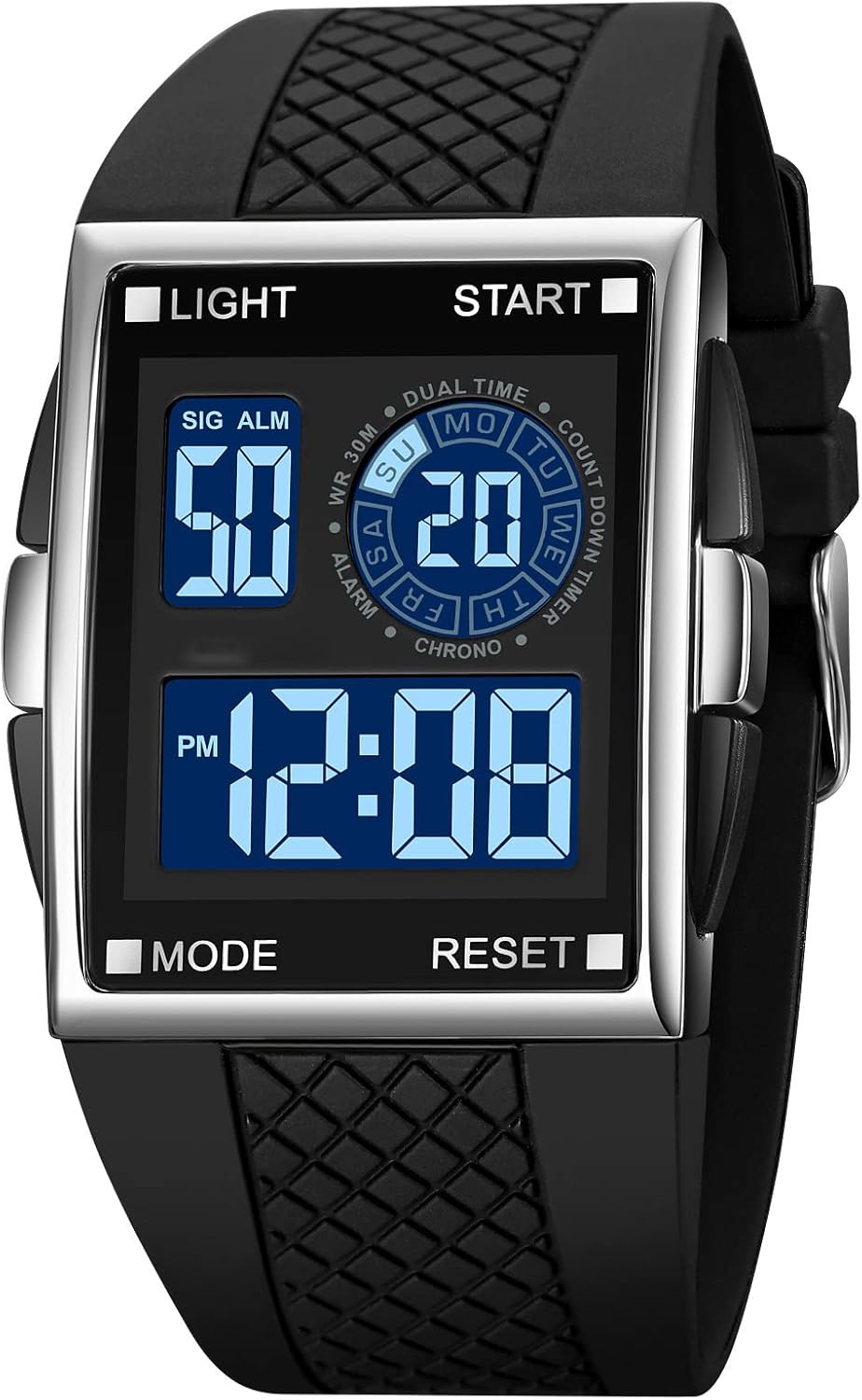 PASOY Unisex Digital Bracelet Watch Backlight Mens Women Square Alarm LED Black Rubber Watchband Sports Outdoor Waterproof Watch