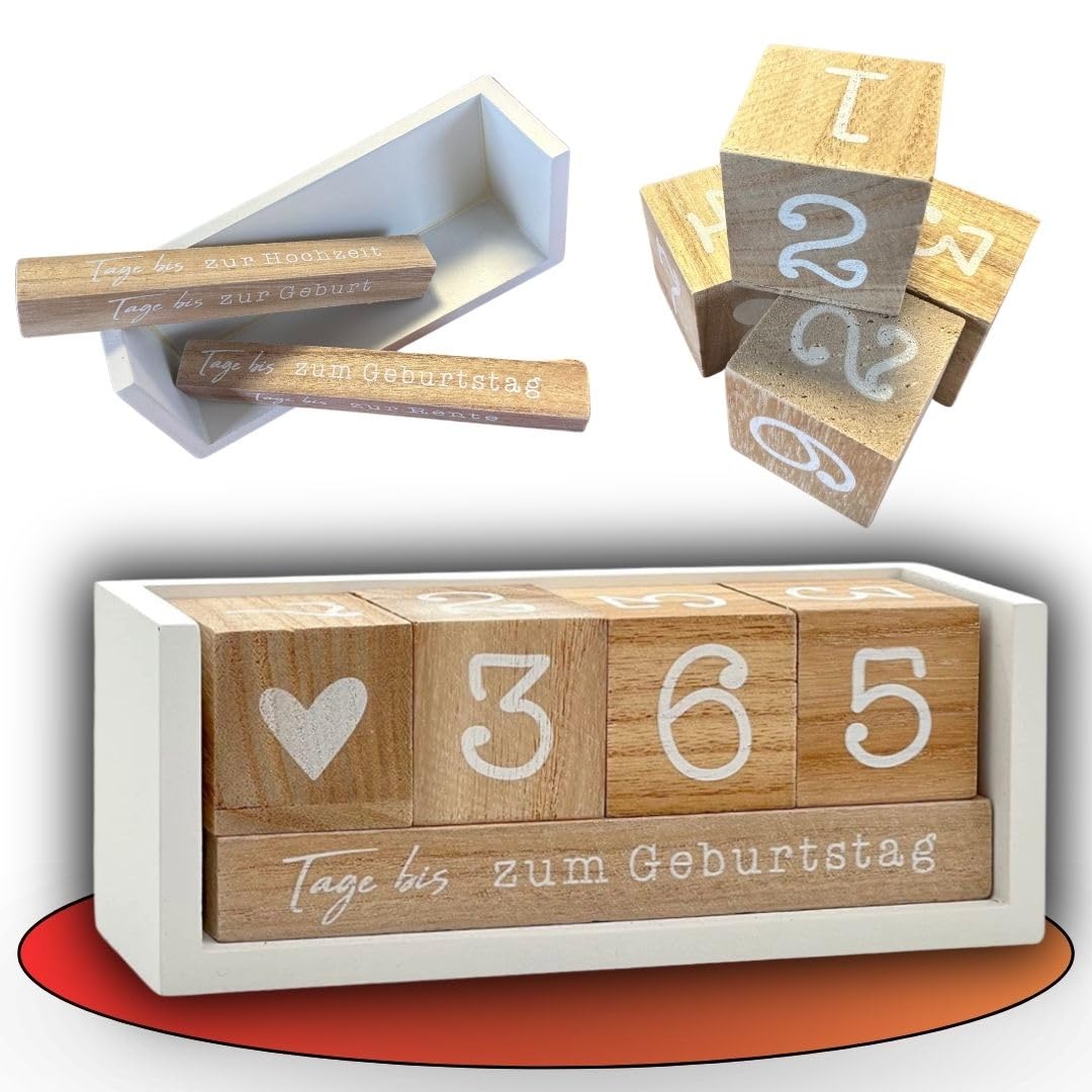 Jahres Countdown Kalender, nachhaltiger Holz-Tischkalender, Dauerkalender, Tagezähler Holz-weiß, 100% Holz (MDF), in Fenster-Box, Geburtstag, Silvester, Jahrestag, Rente, Urlaub, Geburt